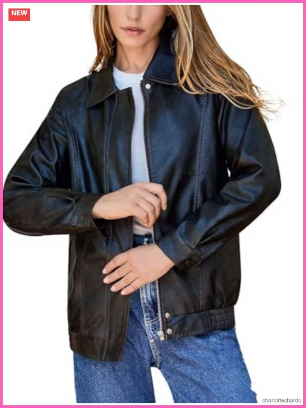 Oversized Faux Leather Bomber Jacket Zip Up Moto Street Coat